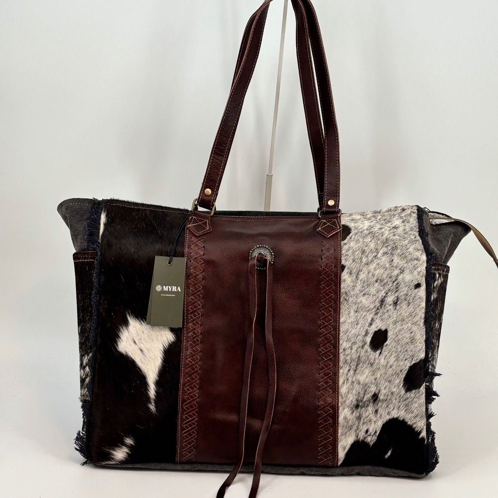 Myra Rosalinda Weekender Bag Women Large Brown Cowhide Leather Canvas Western